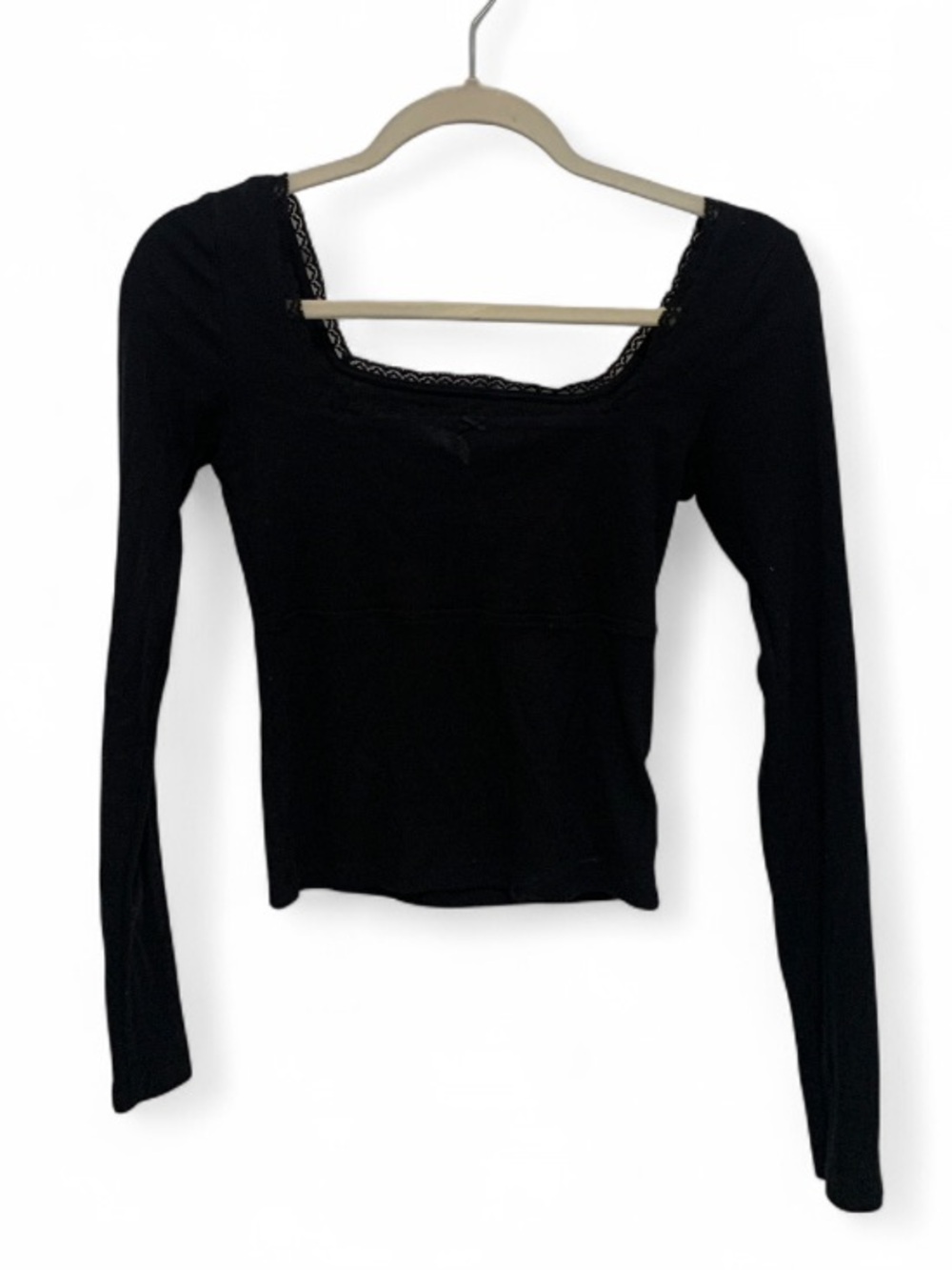 American Eagle Black Lace-Trim Square Neck Ribbed Long Sleeve Cropped Top